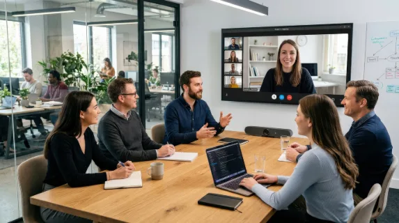 Colleagues in an office participating in a virtual meeting with a remote teammate, screen visible, engaged expressions, modern conference area and a connected hybrid-work atmosphere, ultra-realistic,