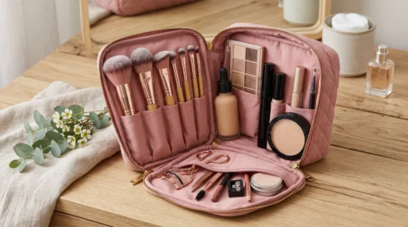 A pink makeup bag with cosmetic tools neatly organized inside and in a front pocket, soft materials, tidy arrangement, and fresh beauty product styling, ultra-realistic, no logos.