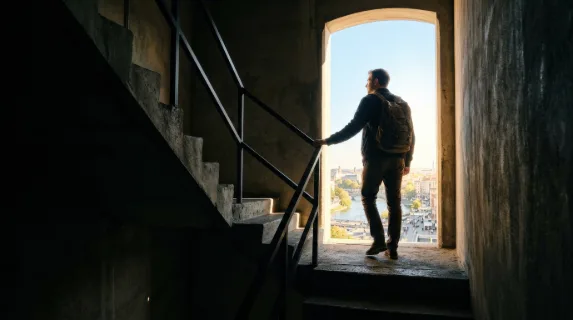 A man at the top of a dark staircase facing a bright exit, deep shadows, stark architectural lines, radiant opening and a hopeful atmosphere of opportunity, transition, and success, ultra-realistic,
