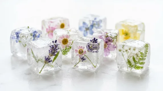 Ice cubes with frozen flowers suspended inside on a white background, translucent crystalline texture and delicate botanical forms, fresh ethereal atmosphere, ultra-realistic, no logos.
