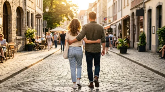 Rear view of male and female friends walking arm in arm on a sunny day, warm backlight, casual clothes, open street scene, affectionate carefree atmosphere, ultra-realistic, no logos.