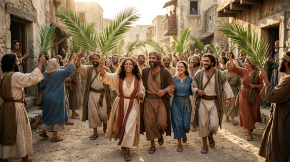A group of happy men and women holding palm branches along a dusty street, sunlit robes, warm smiles and a festive holy-day atmosphere, ultra-realistic, no logos.