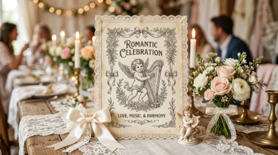Cute decorative elements with bows, ribbons, lace, harp-playing cupid, and flowers, vintage line art and a soft romantic celebration atmosphere, ultra-realistic, no logos.