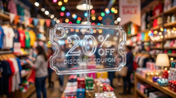 A liquid-glass discount coupon ticket icon with percentage detail, polished transparency and a vibrant retail-promotion atmosphere, ultra-realistic, no logos.