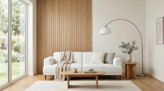 A minimalist living room with a white modern sofa, wooden wall accents and an arc floor lamp, airy copy space and calm Scandinavian mood, ultra-realistic, no logos.