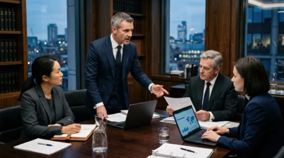 Male business professional discussing strategy with colleagues in an office at a law firm, formal interior, laptops and paperwork, focused high-level atmosphere, ultra-realistic, no logos.
