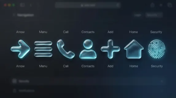 A liquid-glass icon collection with arrow, menu, call, contact, plus, home, and fingerprint symbols, crisp translucent styling, clean app navigation mood, ultra-realistic, no logos.