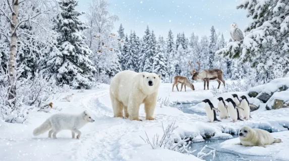A charming winter scene with adorable arctic animals including a polar bear, fox, penguins, seal, deer, and birds among snowflakes and trees, bright snowy mood, ultra-realistic, no logos.