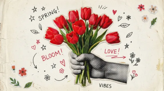 A halftone hand holding a bunch of vivid red tulips, torn magazine-cut styling, spring floral sticker mood with nostalgic dotted texture and playful doodles, ultra-realistic, no logos.