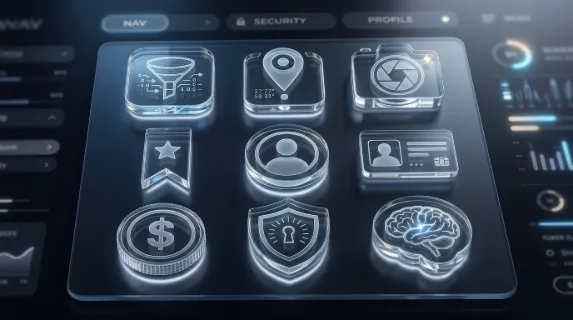A transparent glass navigation and security icon set with filter, location, camera, bookmark, user profile, ID card, money, shield, and brain symbols, polished interface mood, ultra-realistic, no