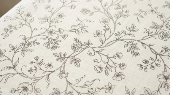 Delicate floral line pattern with intricate blooms and winding vines on a pale background, elegant airy composition and refined botanical calm, ultra-realistic, no logos.