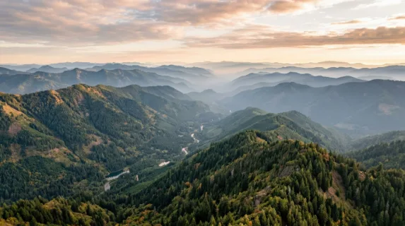 Aerial view of a beautiful forested mountain landscape, rolling tree-covered ridges fading into atmospheric haze, expansive natural depth and tranquil wilderness mood, ultra-realistic, no logos.