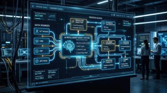 An AI automation workflow diagram with an intelligent agent system, connected process blocks, bright digital lines, clean futuristic dashboard, ultra-realistic, no logos.
