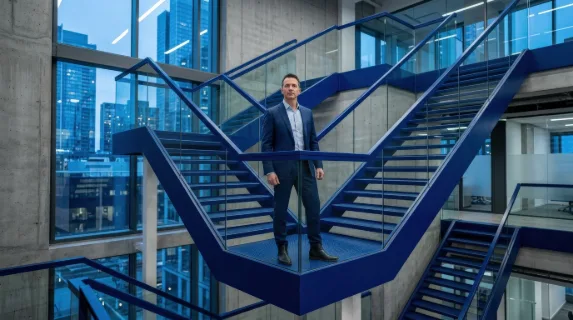 A man standing on a blue zigzag staircase and looking forward, crisp architectural composition, sharp turns, cool tonal palette, symbol of strategic agility and non-linear business growth, focused