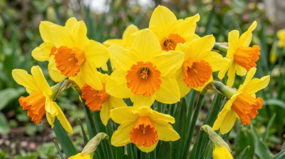 A detailed close-up of yellow daffodils with orange centers gathered in bloom, natural petal textures and lively spring color, ultra-realistic, no logos.