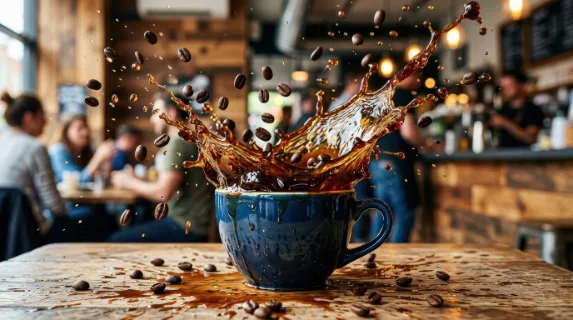 A coffee cup with a dramatic splash of coffee and beans flying outward, rich liquid motion, glossy ceramic, dynamic lighting, bold cafe energy, ultra-realistic, no logos.
