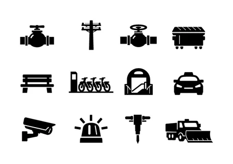 Urban infrastructure services: water supply pipe valve, electric utility pole, gas pipeline valve, waste dumpster container, public bench seat, bike share station, metro subway