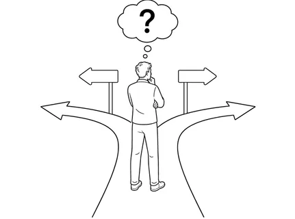 A person stands at a diverging path, looking up at a question mark, symbolizing indecision and the need for a choice