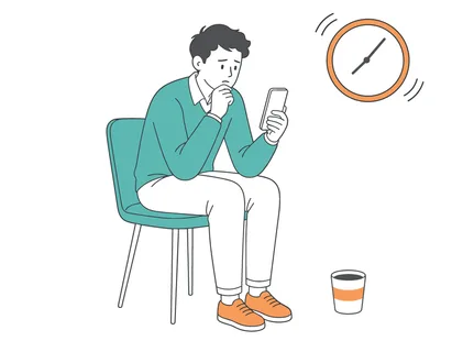 A young man sits on a chair, looking stressed while holding his smartphone and glancing at a ticking clock, symbolizing time pressure and anxiety