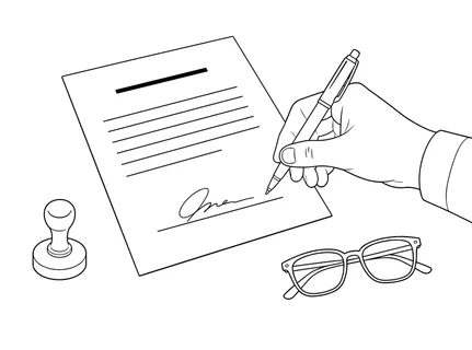 A hand in a suit jacket signs a formal document with a pen, while eyeglasses and a rubber stamp rest on the surface