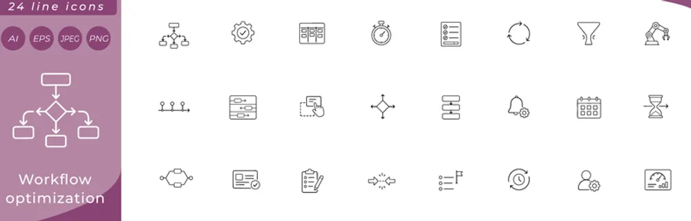 Workflow optimization: flowchart diagram, gear with checkmark badge, kanban board columns, stopwatch, checklist with progress bar, looping arrows cycle, bottleneck funnel, automation robot arm