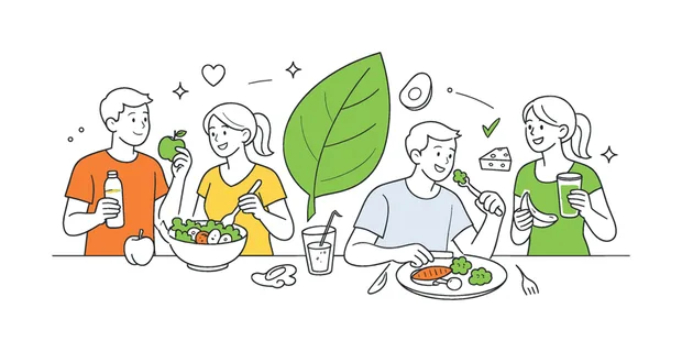 A healthy eating and balanced diet scene where individuals make mindful food choices in everyday life, using minimal forks with fresh ingredients and a single leaf element as a