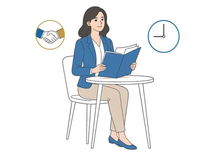 A professional woman sits at a table, engrossed in a book, with icons representing a handshake and a clock symbolizing career and time management
