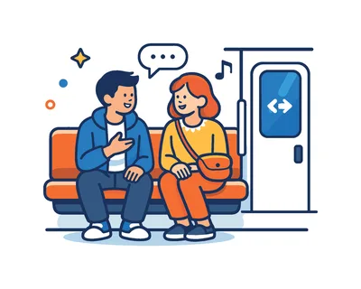 City lifestyle moment highlighting friends riding the subway together while chatting during a daily commute or weekend outing, two people sitting on a subway bench seat beside a