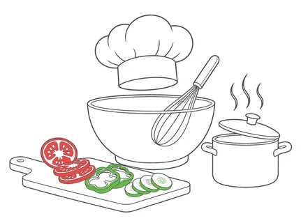 A chef's hat rests above a mixing bowl with a whisk, next to a steaming pot and a cutting board with sliced vegetables, symbolizing culinary creation