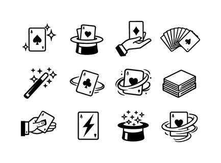 Card magic performance: playing card with star sparkle, magician hat with card, hand presenting playing card, fan spread cards, magic wand with sparkle, floating playing card, card