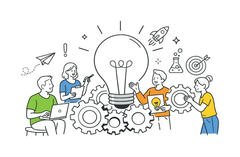 Creative problem solving in an innovation context where new ideas are developed and tested collaboratively, depicted by a simple gear mechanism combined with a light bulb