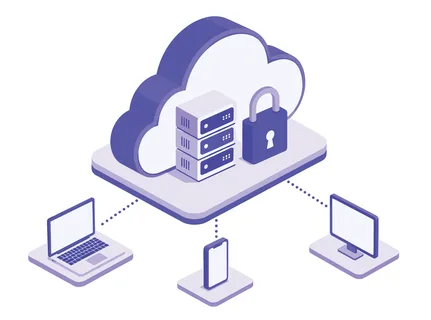 Illustration of a secure cloud network infrastructure showing servers, a padlock, and devices like laptops and smartphones connected to the cloud