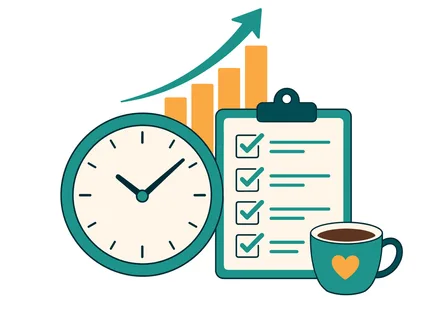 Illustration symbolizing effective time management, task completion, and business growth with a clock, checklist, and upward trending graph