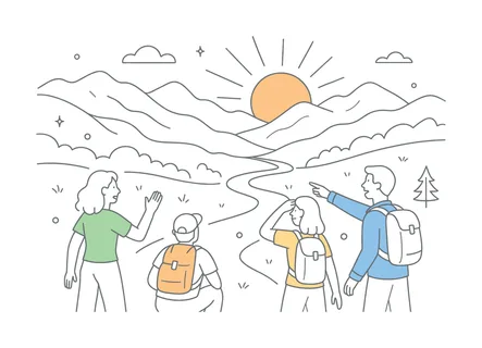 A scenic nature exploration moment where a small group discovers the beauty of open landscapes while traveling and observing the natural environment together, visual metaphor of
