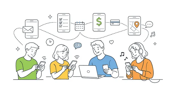 Group of people using smartphones in everyday life to manage tasks, communicate, and access digital services across different contexts, illustrated through a clear