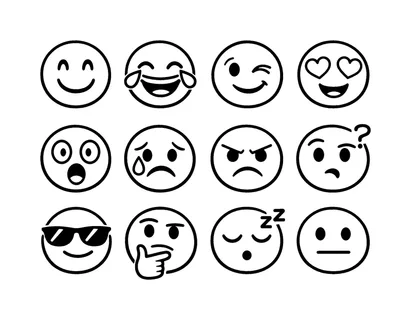 Chat reaction emotions: happy smiling face, laughing face with tears, wink face with smile, love face with hearts, shocked face wide eyes, crying face with tear drop, angry face