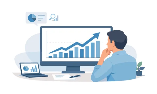 A data analyst interpreting information to support business decisions in a modern workspace, represented by a person observing a simple chart with an upward trend on a