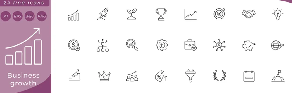 Business growth: upward bar chart, rocket launching, seedling sprouting, trophy cup, ascending line graph, target with arrow, handshake, lightbulb with upward arrow, coin with plus badge, org chart