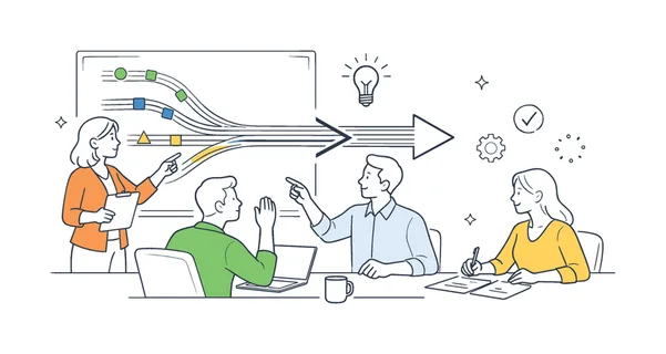 A clear workflow merging scenario where a team combines multiple parallel task streams into a single unified process during a planning session, centered around a visual