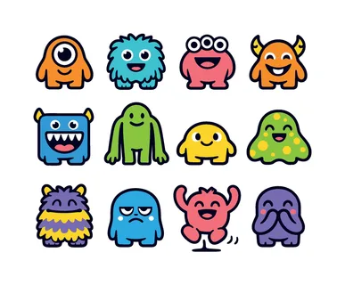 Cute monster characters: one-eyed monster, two-eyed fluffy monster, three-eyed round monster, horned smiling monster, square toothy monster, long arms monster, short legs monster