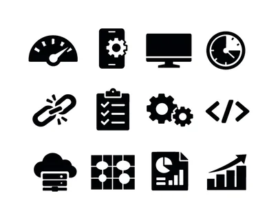 SEO tools and performance: speedometer gauge, mobile phone optimization, desktop monitor, page loading clock, broken link, audit checklist, gear settings, code brackets,