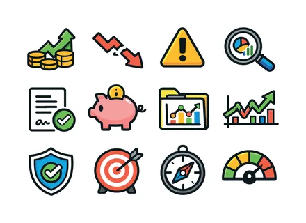 Financial risk and results: gain arrow with coin, loss arrow with broken line, warning triangle finance, audit magnifying glass, contract document sheet, savings piggy bank