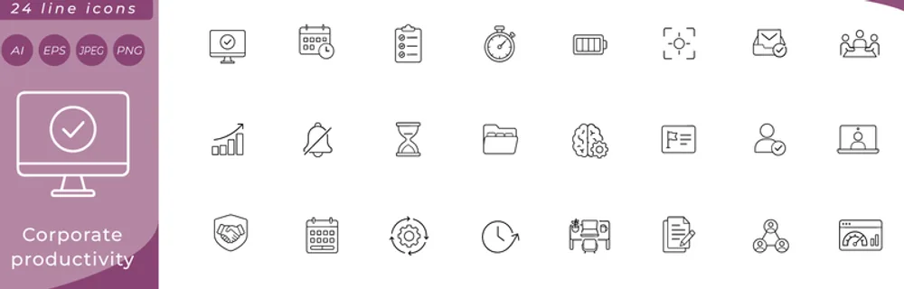 Corporate productivity: desktop monitor with checkmark, calendar with clock, task list clipboard, stopwatch, battery fully charged, focus target, email inbox with tick, meeting people around table