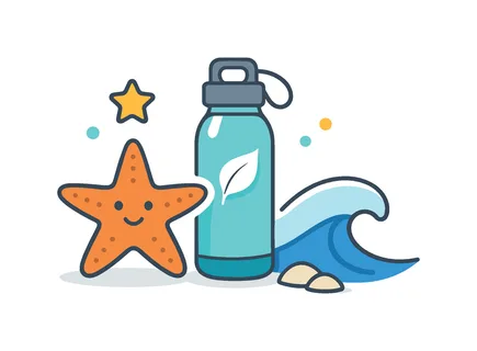 Ocean conservation and sustainable coastal protection presented as a modern environmental stock concept, a starfish paired with a reusable water bottle and a small wave