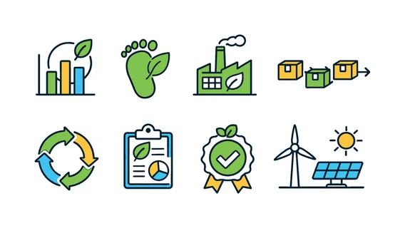 Sustainable business strategy: ESG chart, carbon footprint icon, green factory, supply chain arrows, circular economy loop, sustainability report, eco certification badge