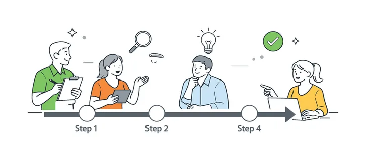 A structured process visibility scenario where a team maintains clear oversight of each stage in a workflow without confusion or gaps, built around a visual metaphor of a