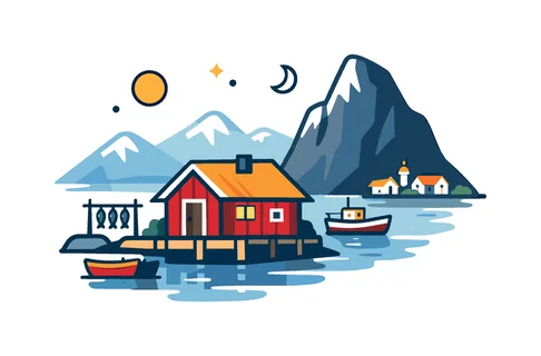 Traditional Arctic coastal settlement surrounded by mountains and sea reflecting the quiet rhythm of northern fishing communities, a small seaside cabin beside a steep mountain