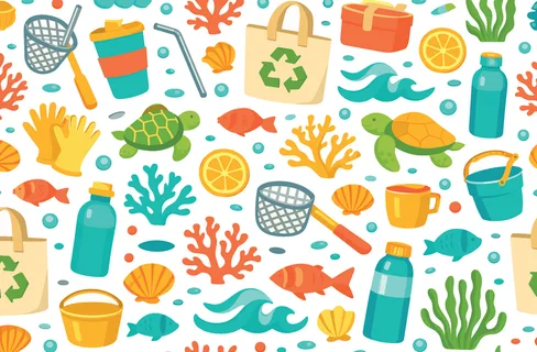 Plastic-free ocean lifestyle seamless pattern for sustainability campaigns with reusable cup, metal straw, lunch box, tote bag, lemon slice, fish, turtle, wave, coral, shell,