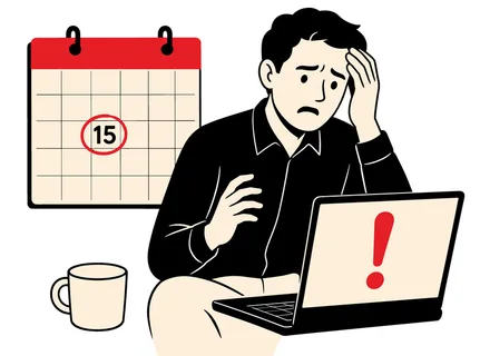 A man clutches his head in distress while looking at a laptop screen displaying an urgent alert, with a calendar marking a significant date nearby