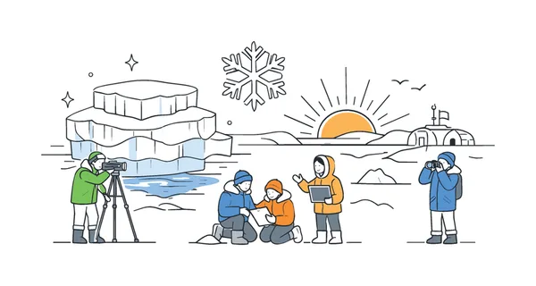 A polar exploration scene where researchers observe massive snow ice caps and study frozen landscapes in a remote arctic environment, using a clear visual metaphor of layered ice